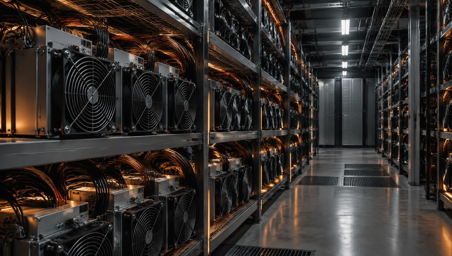 Rows of ASIC mining machines installed in a data centre